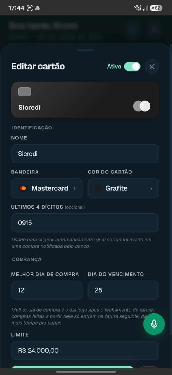 Cadastro de cartão