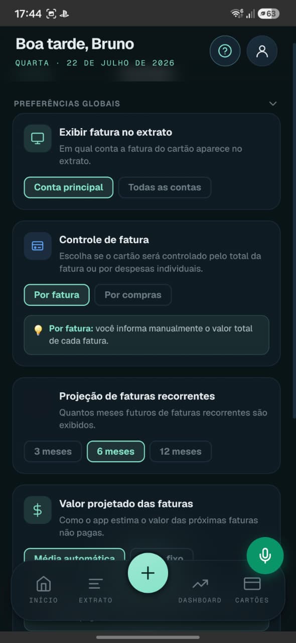 Modo de controle do cartão